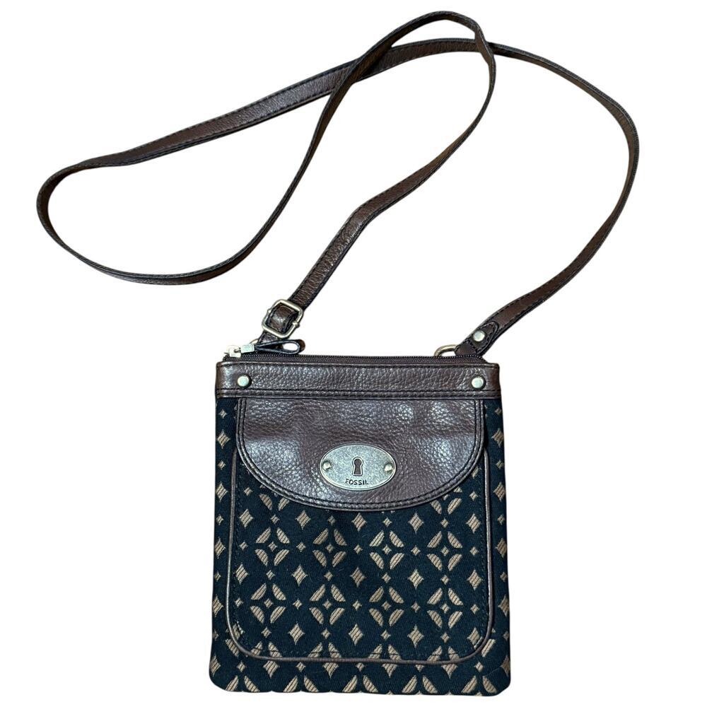 Fossil Maddox Purse Womens Crossbody Brown Leather Black Gold Textile Zip Bag